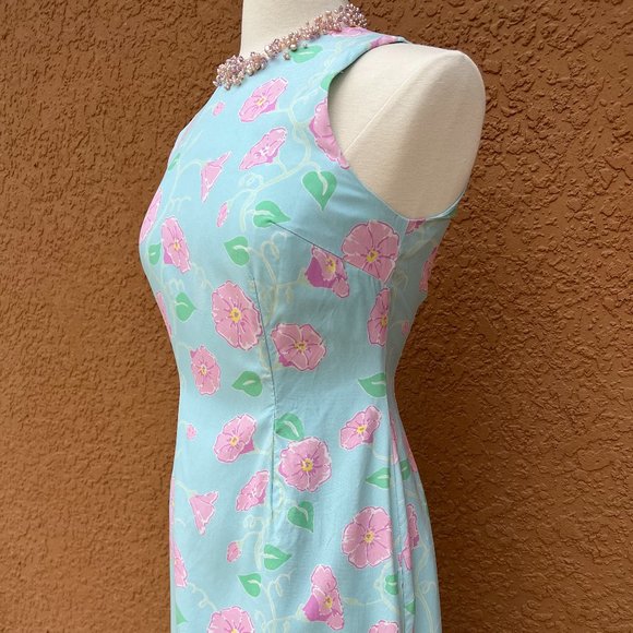 Classic Lilly Pulitzer Silk Maxi Dress Blue with Pink Morning Glories Size 6 - Picture 2 of 16